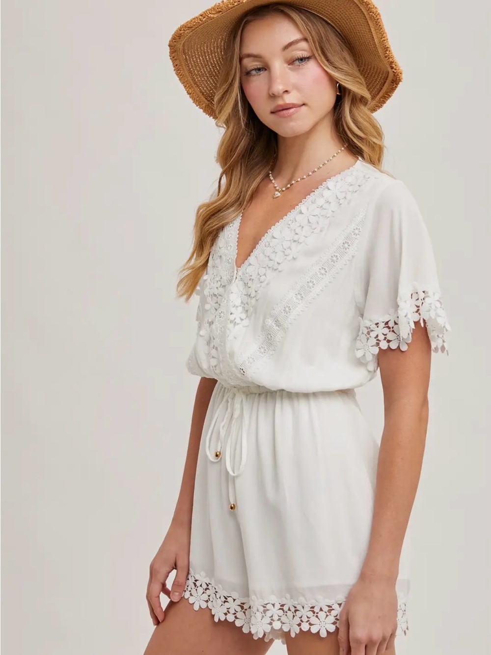 Bluivy White Floral Lace Trim Romper